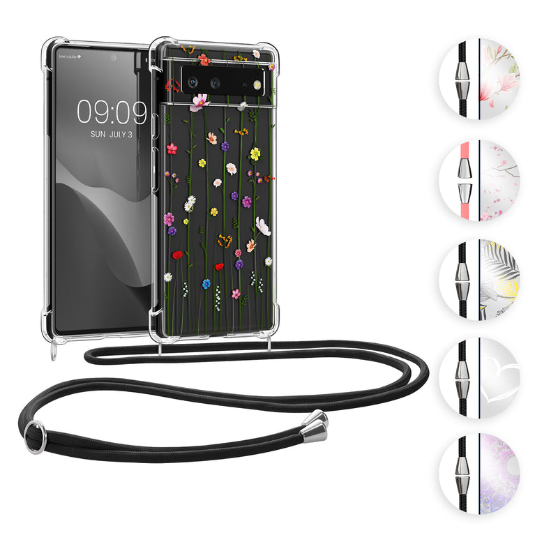 kwmobile Necklace Case kompatibel mit Google Pixel 6 Hülle - Silikon Cover mit Handykette - Rosa Gelb Transparent Blumenschmuck Rosa  [dsg11]