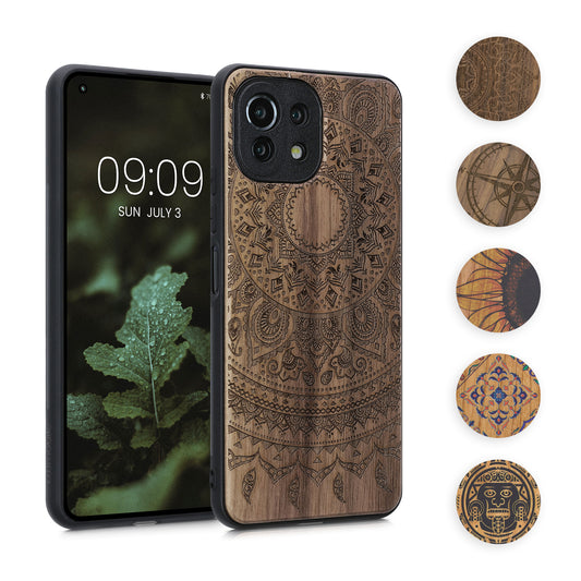 kwmobile Hülle kompatibel mit Xiaomi 11 Lite (5G) NE / Mi 11 Lite (5G) Hülle - Holz Case - Handy Cover - TPU Handyhülle in Dunkelbraun Aufgehende Sonne Dunkelbraun  [dsg02]