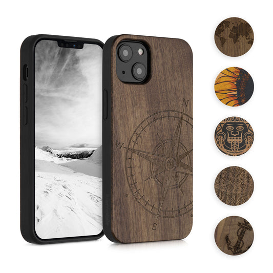 kwmobile Hülle kompatibel mit Apple iPhone 13 Hülle - Holz Case - Handy Cover - TPU Handyhülle in Dunkelbraun Holz Japanische Welle Dunkelbraun  [dsg15]