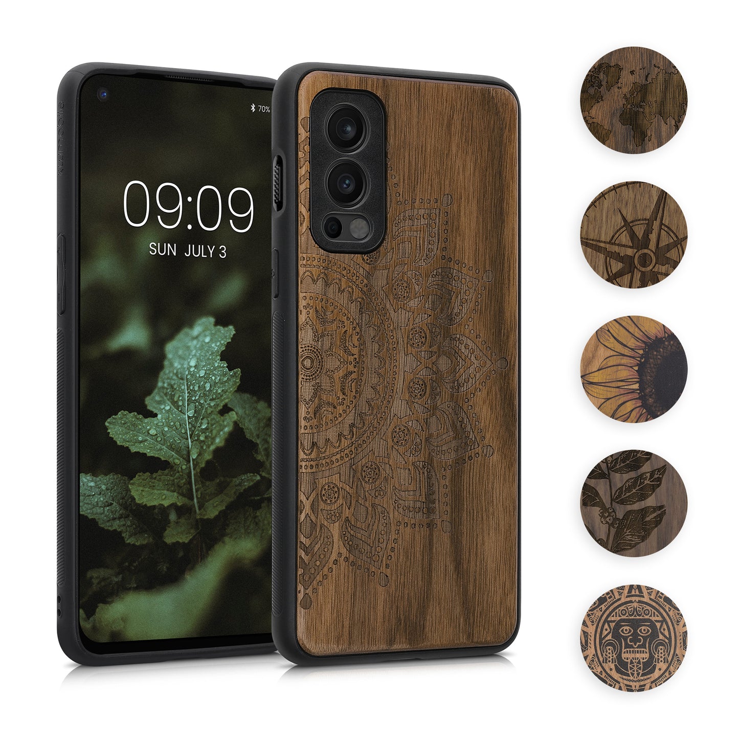 kwmobile Hülle kompatibel mit OnePlus Nord 2 5G Hülle - Holz Case - Handy Cover - TPU Handyhülle in Hellbraun Schwarz Maya Kalender Art Hellbraun  [dsg08]