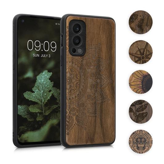 kwmobile Hülle kompatibel mit OnePlus Nord 2 5G Hülle - Holz Case - Handy Cover - TPU Handyhülle in Hellbraun Schwarz Maya Kalender Art Hellbraun  [dsg08]