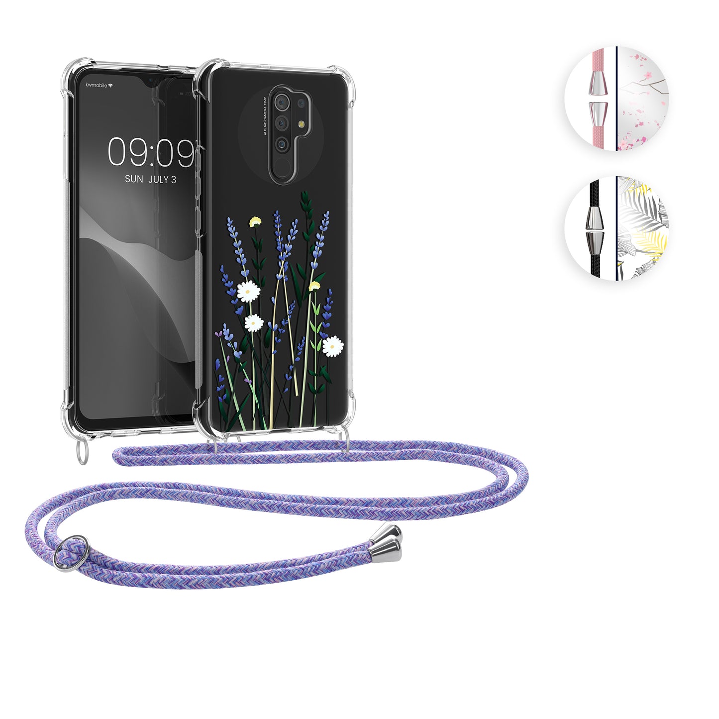 kwmobile Necklace Case kompatibel mit Xiaomi Redmi 9 Hülle - Silikon Cover mit Handykette - Rosa Dunkelbraun Transparent Kirschblütenblätter Rosa  [dsg02]