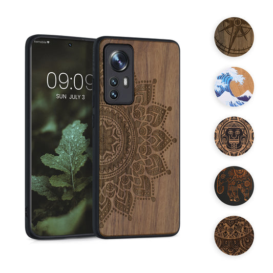 kwmobile Hülle kompatibel mit Xiaomi 12 / 12X Hülle - Holz Case - Handy Cover - TPU Handyhülle in Dunkelbraun Kompass Vintage Dunkelbraun  [dsg02]