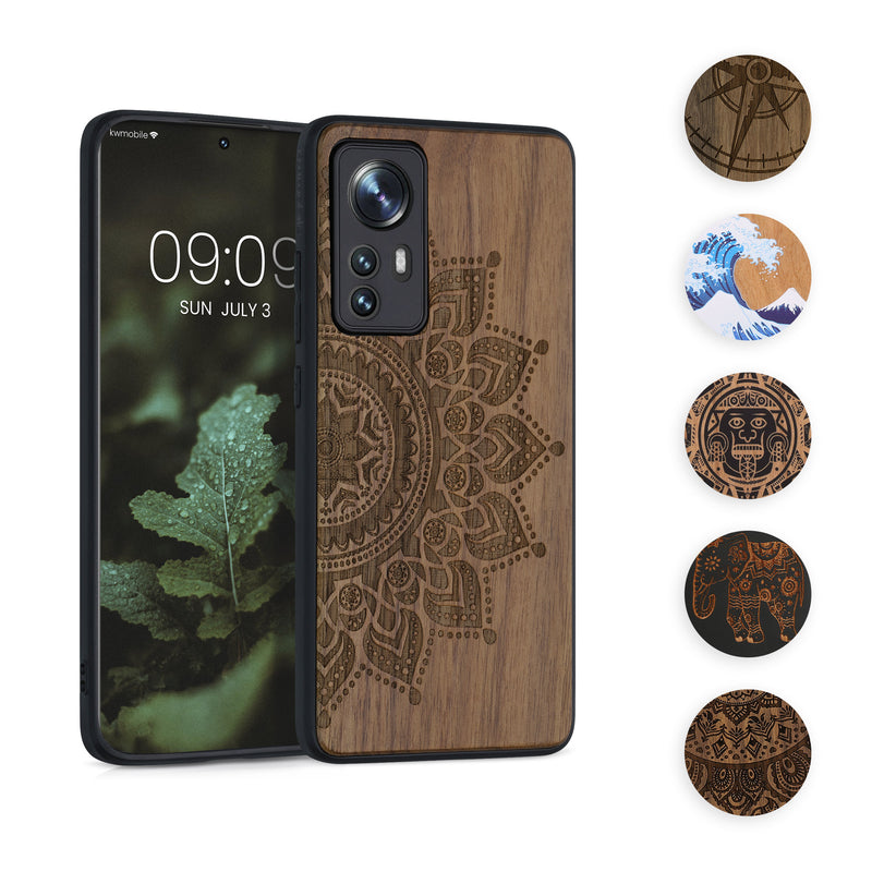 kwmobile Hülle kompatibel mit Xiaomi 12 / 12X Hülle - Holz Case - Handy Cover - TPU Handyhülle in Dunkelbraun Kompass Vintage Dunkelbraun  [dsg02]