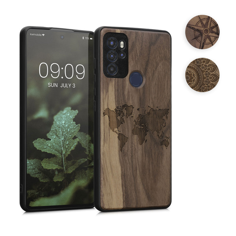 kwmobile Hülle kompatibel mit Motorola Moto G60S Hülle - Holz Case - Handy Cover - TPU Handyhülle in Dunkelbraun Kompass Vintage Dunkelbraun  [dsg01]