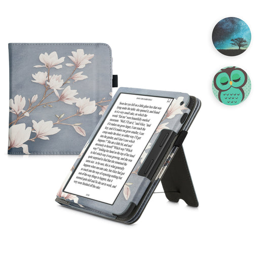 kwmobile Flip Cover kompatibel mit Tolino Vision 6 - Hülle mit Handschlaufe Magnolien Taupe Weiß Blaugrau Taupe  [dsg03]