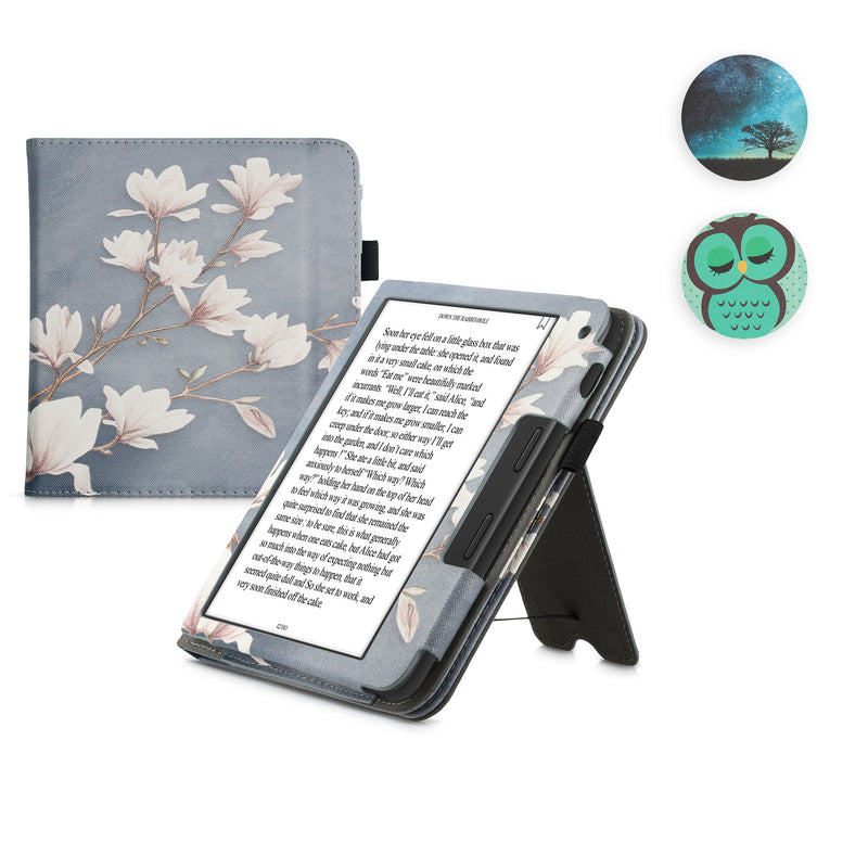 kwmobile Flip Cover kompatibel mit Tolino Vision 6 - Hülle mit Handschlaufe Magnolien Taupe Weiß Blaugrau Taupe  [dsg03]
