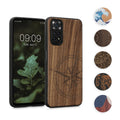 kwmobile Hülle kompatibel mit Xiaomi Redmi Note 11 / Note 11S Hülle - Holz Case - Handy Cover - TPU Handyhülle in Dunkelbraun Vintage Kompass mit Perlmutt Dunkelbraun  [dsg10]