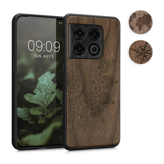 kwmobile Hülle kompatibel mit OnePlus 10 Pro 5G Hülle - Holz Case - Handy Cover - TPU Handyhülle in Dunkelbraun Kompass Vintage Dunkelbraun  [dsg01]
