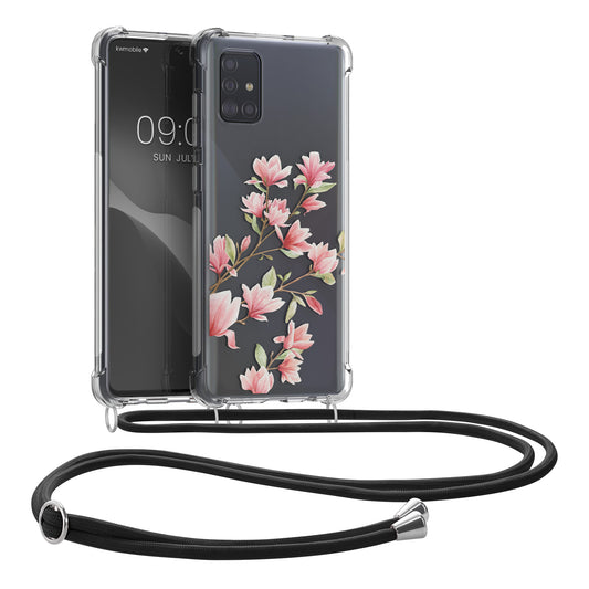 kwmobile Necklace Case kompatibel mit Samsung Galaxy A71 Hülle - Silikon Cover mit Handykette - Rosa Weiß Transparent Magnolien Rosa  [dsg01]