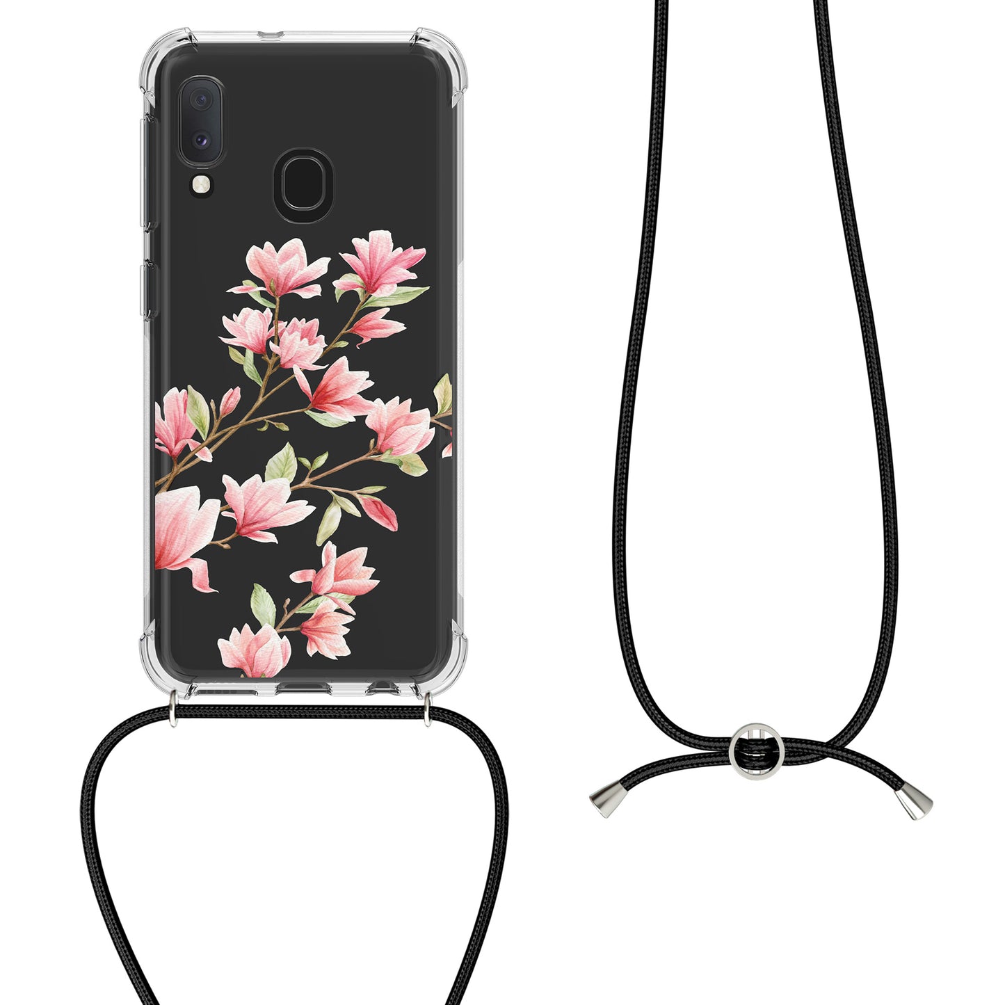 kwmobile Necklace Case kompatibel mit Samsung Galaxy A20e Hülle - Silikon Cover mit Handykette - Transparent Magnolien