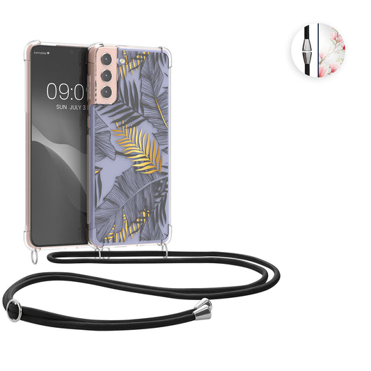 kwmobile Necklace Case kompatibel mit Samsung Galaxy S21 Plus Hülle - Silikon Cover mit Handykette - Gelb Grau Transparent Dschungel Gelb  [dsg02]