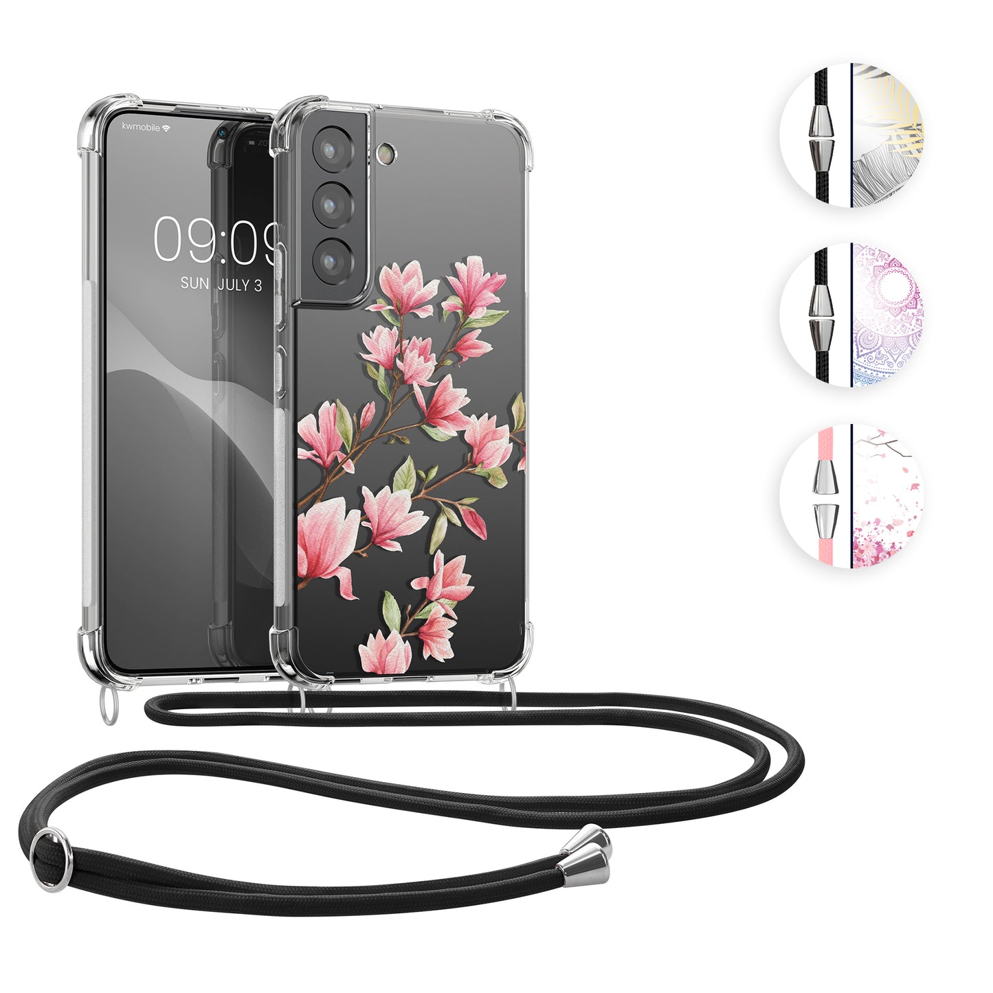 kwmobile Necklace Case kompatibel mit Samsung Galaxy S22 Hülle - Silikon Cover mit Handykette - Rosa Dunkelbraun Transparent Kirschblütenblätter Rosa  [dsg03]