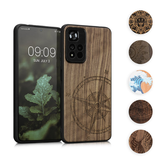 kwmobile Hülle kompatibel mit Xiaomi Redmi Note 11 Pro+ 5G / Note 11 Pro Plus 5G Hülle - Holz Case - Handy Cover - TPU Handyhülle in Blau Weiß Braun Holz Japanische Welle Blau  [dsg03]