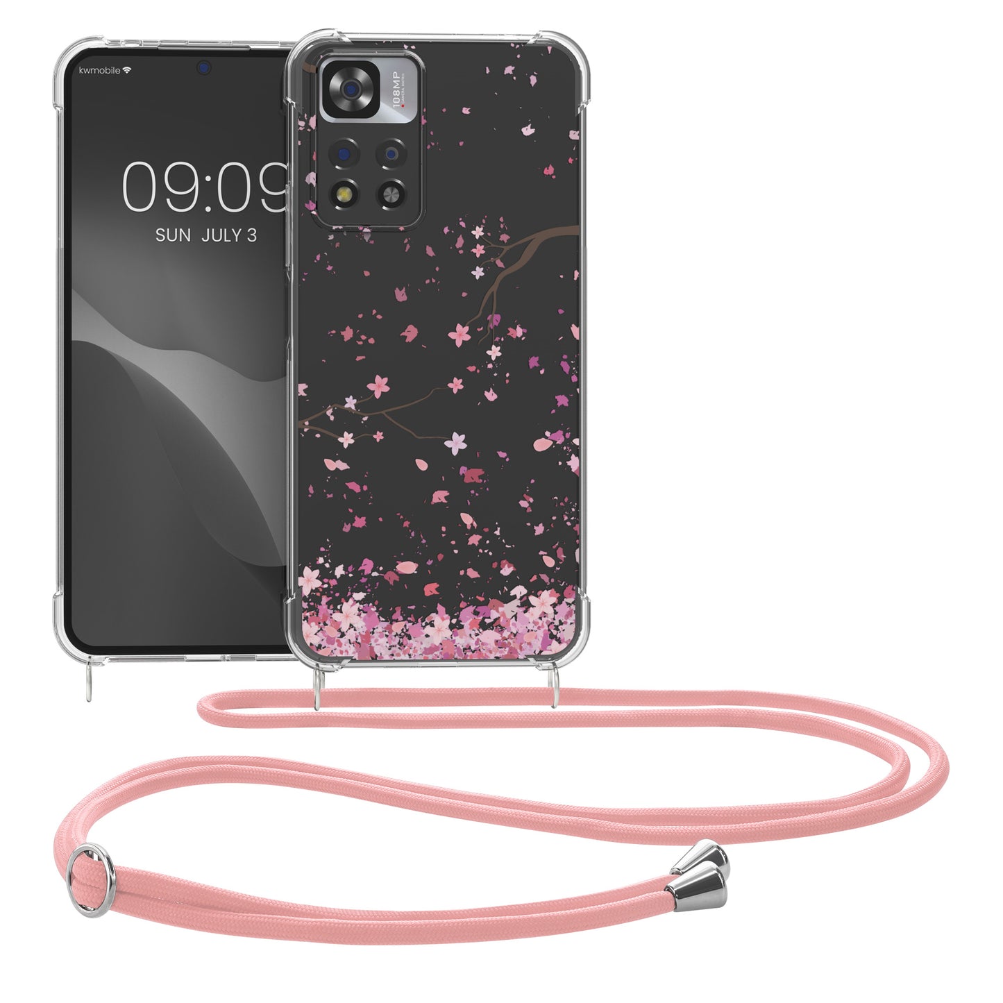 kwmobile Necklace Case kompatibel mit Xiaomi Redmi Note 11 Pro+ 5G / Note 11 Pro Plus 5G Hülle Silikon Cover mit Handykette Transparent Kirschblütenblätter