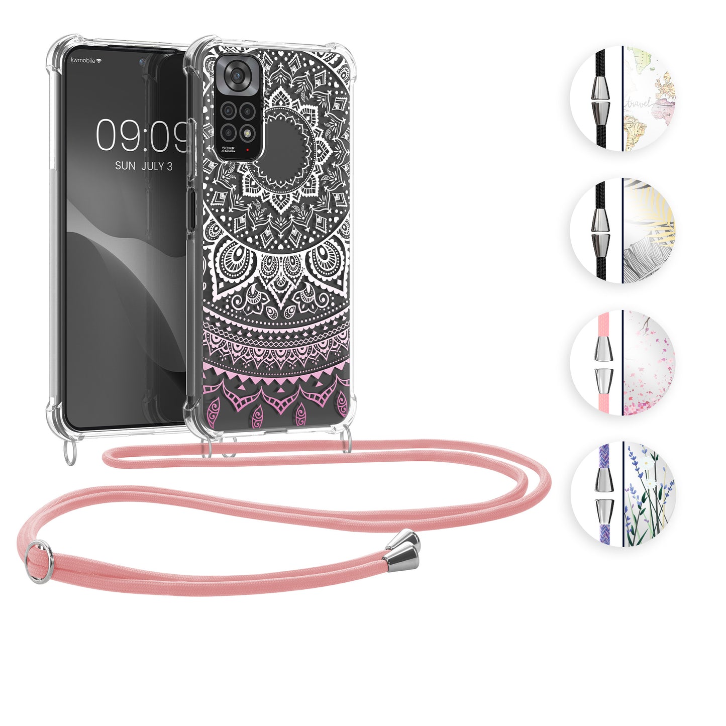 kwmobile Necklace Case kompatibel mit Xiaomi Redmi Note 11 / Note 11S Hülle - Silikon Cover mit Handykette - Schwarz Mehrfarbig Transparent Travel Schriftzug Schwarz  [dsg03]
