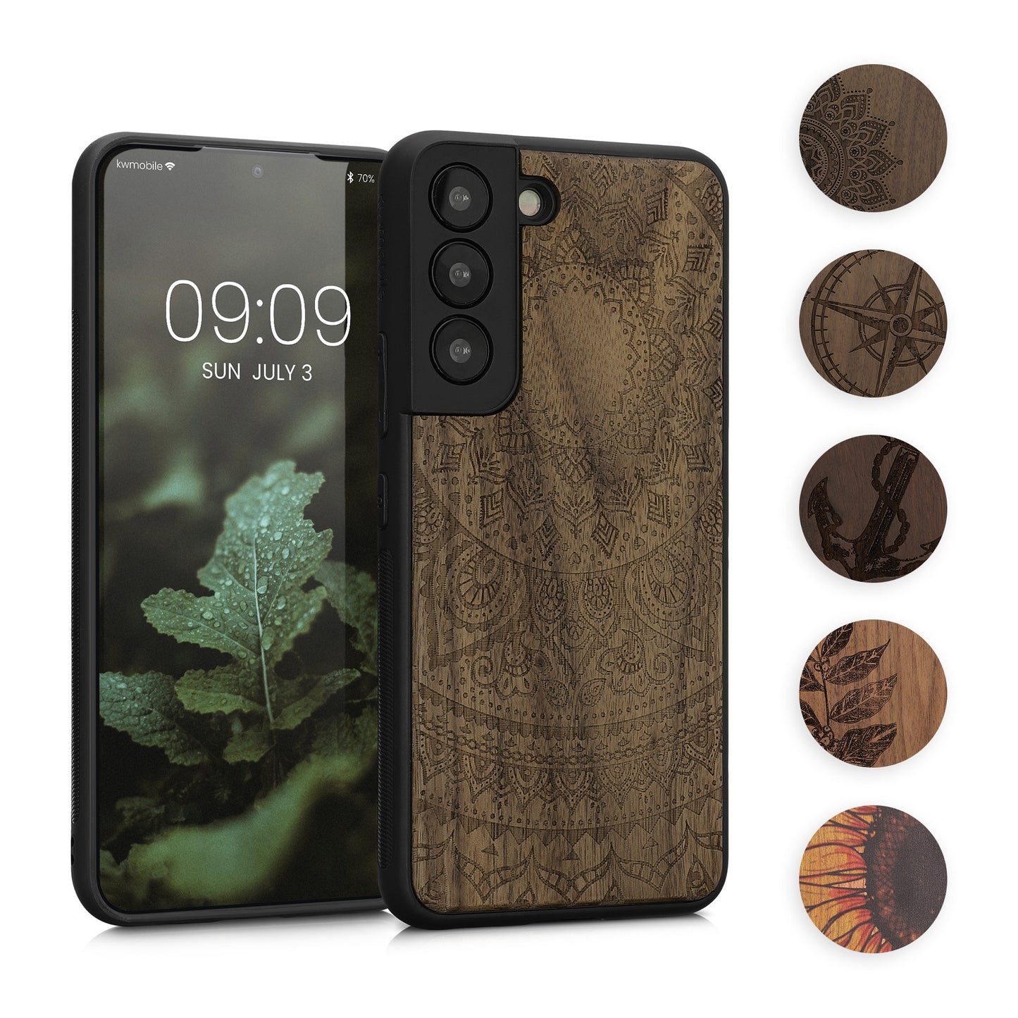 kwmobile Hülle kompatibel mit Samsung Galaxy S22 Hülle - Holz Case - Handy Cover - TPU Handyhülle in Dunkelbraun Perlmutt-Lavendel Dunkelbraun  [dsg09]
