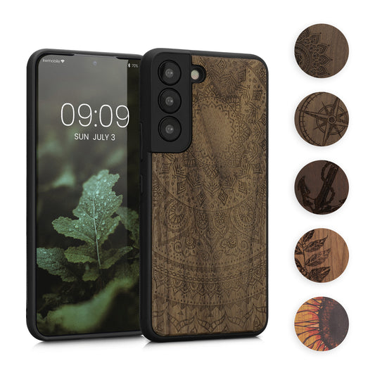 kwmobile Hülle kompatibel mit Samsung Galaxy S22 Hülle - Holz Case - Handy Cover - TPU Handyhülle in Dunkelbraun Perlmutt-Lavendel Dunkelbraun  [dsg09]
