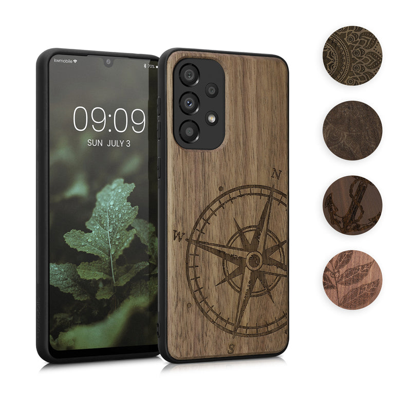 kwmobile Hülle kompatibel mit Samsung Galaxy A33 5G Hülle - Holz Case - Handy Cover - TPU Handyhülle in Dunkelbraun Kompass Vintage Dunkelbraun  [dsg02]