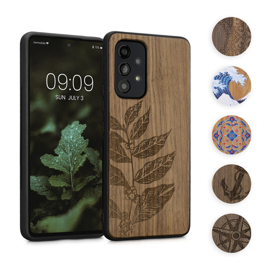 kwmobile Hülle kompatibel mit Samsung Galaxy A53 5G Hülle - Holz Case - Handy Cover - TPU Handyhülle in Dunkelbraun Halbblume Dunkelbraun  [dsg12]