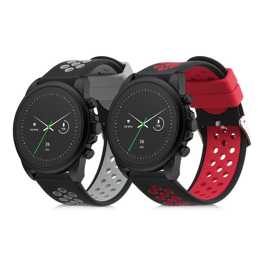 kwmobile 2x Uhrenarmband für Fossil Gen 6 Men's Smartwatch Armband - Fitnesstracker Band Set aus TPU Silikon - Ersatzarmband Smartwatch - Schwarz Grau Schwarz Rot Schwarz  [dsg01]