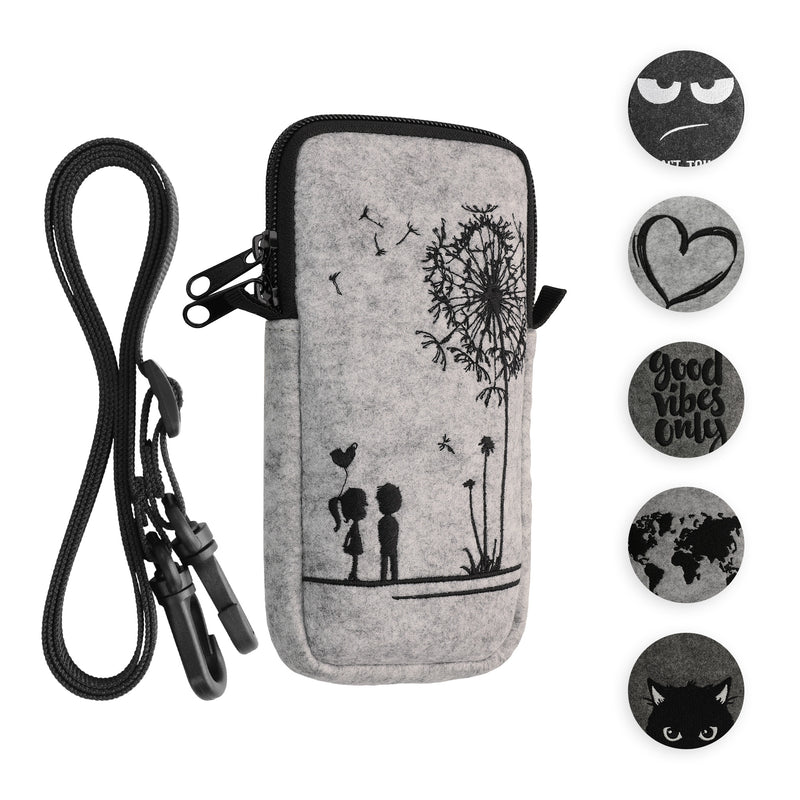 kwmobile Handytasche für Smartphones L - 6,5" - Filz Handy Hülle Schwarz Weiß Grau - Handy Tasche mit Kette 17,2 x 8,4 cm Innenmaße - Shiba Hund Schwarz L [dsg10]