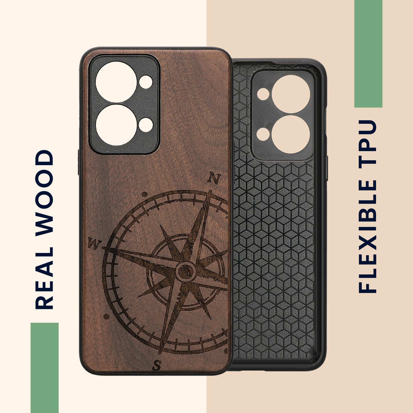 Holz Hardcase mit TPU Bumper für OnePlus Nord 2T 5G Kompass Vintage