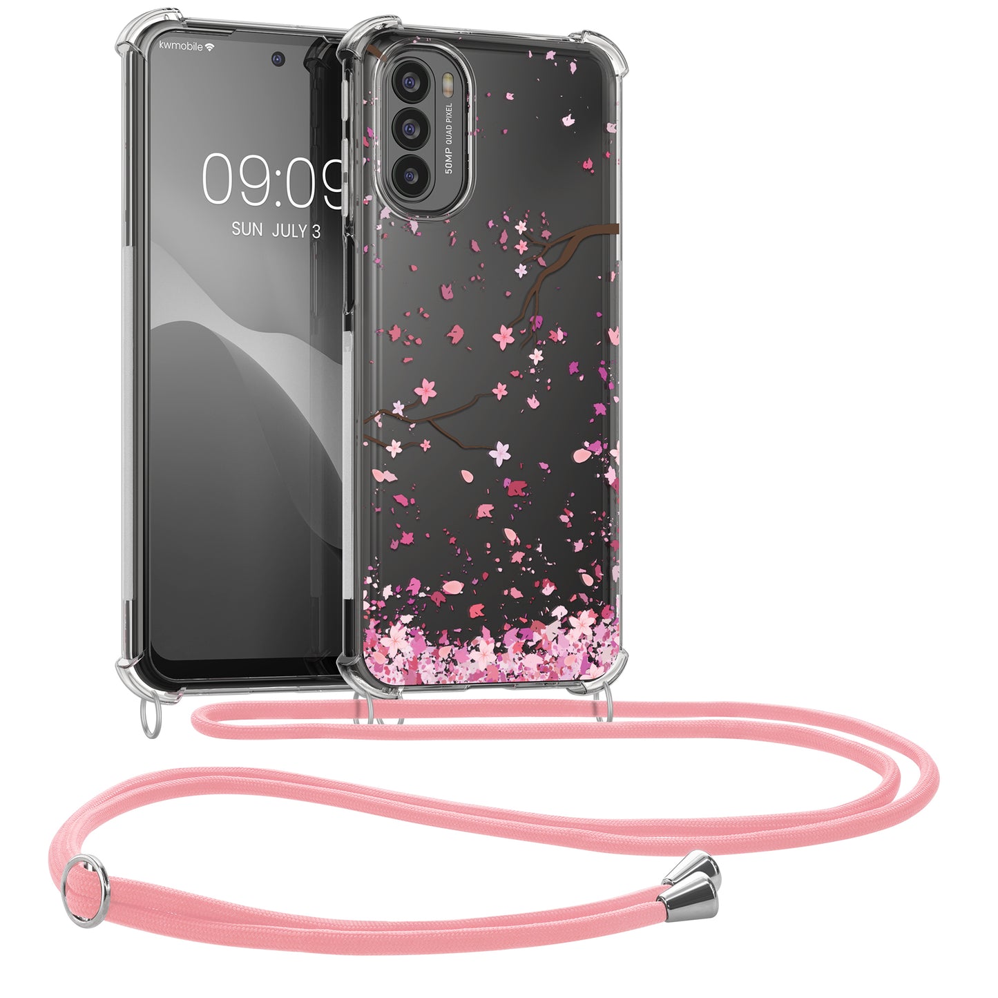 kwmobile Necklace Case kompatibel mit Motorola Moto G31 / Moto G41 Hülle Silikon Cover mit Handykette Transparent Kirschblütenblätter