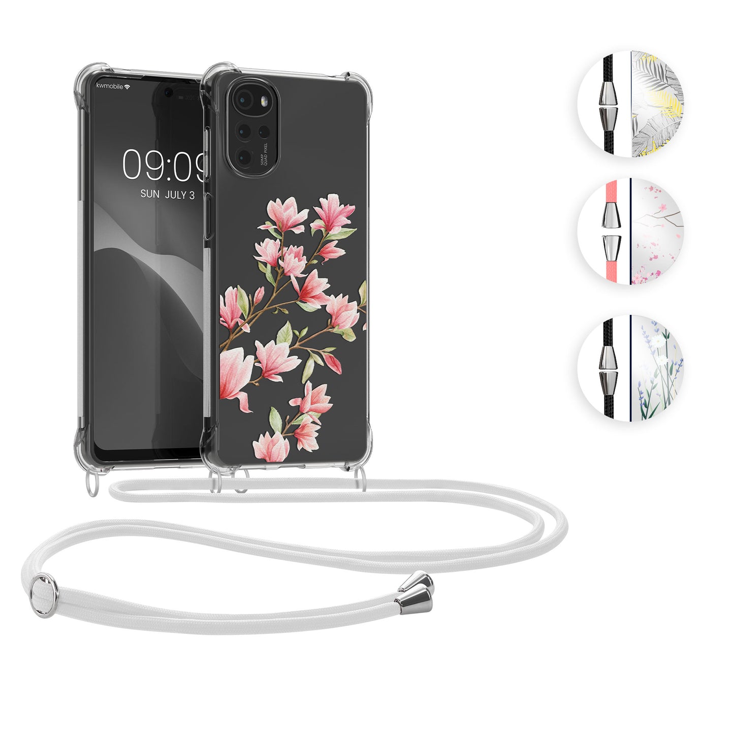 kwmobile Necklace Case kompatibel mit Motorola Moto G22 Hülle - Silikon Cover mit Handykette - Rosa Weiß Transparent Magnolien Rosa  [dsg03]