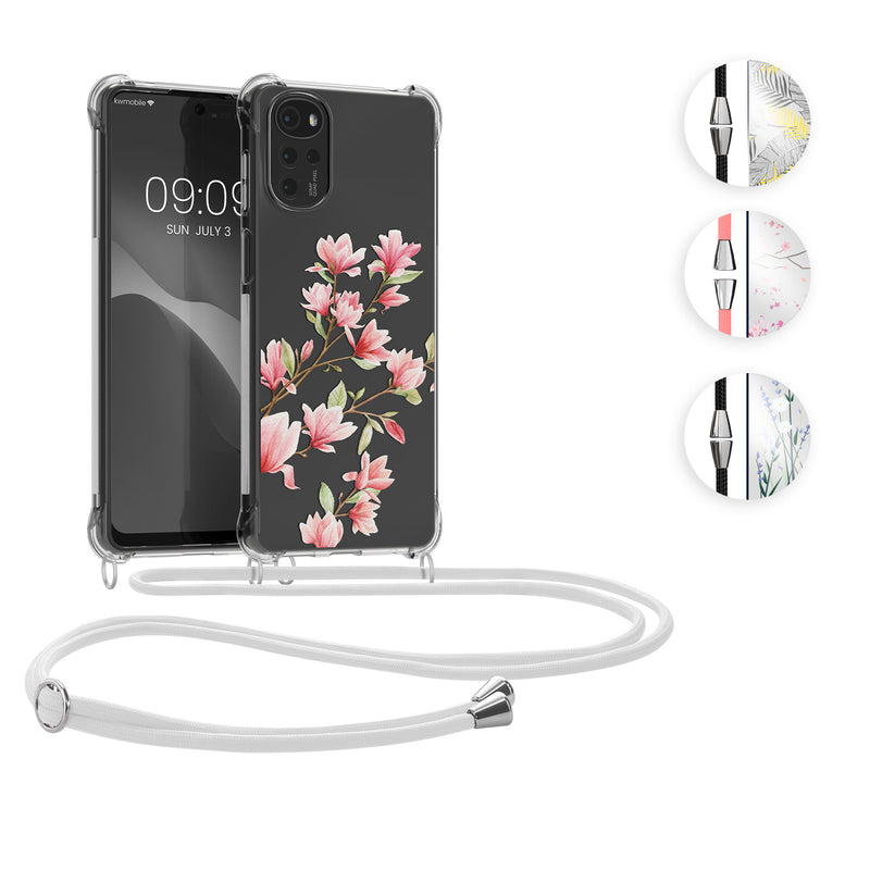 kwmobile Necklace Case kompatibel mit Motorola Moto G22 Hülle - Silikon Cover mit Handykette - Rosa Weiß Transparent Magnolien Rosa  [dsg03]