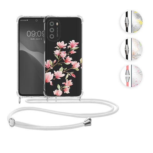 kwmobile Necklace Case kompatibel mit Motorola Moto G52 / Moto G82 5G Hülle - Silikon Cover mit Handykette - Rosa Dunkelbraun Transparent Kirschblütenblätter Rosa  [dsg03]