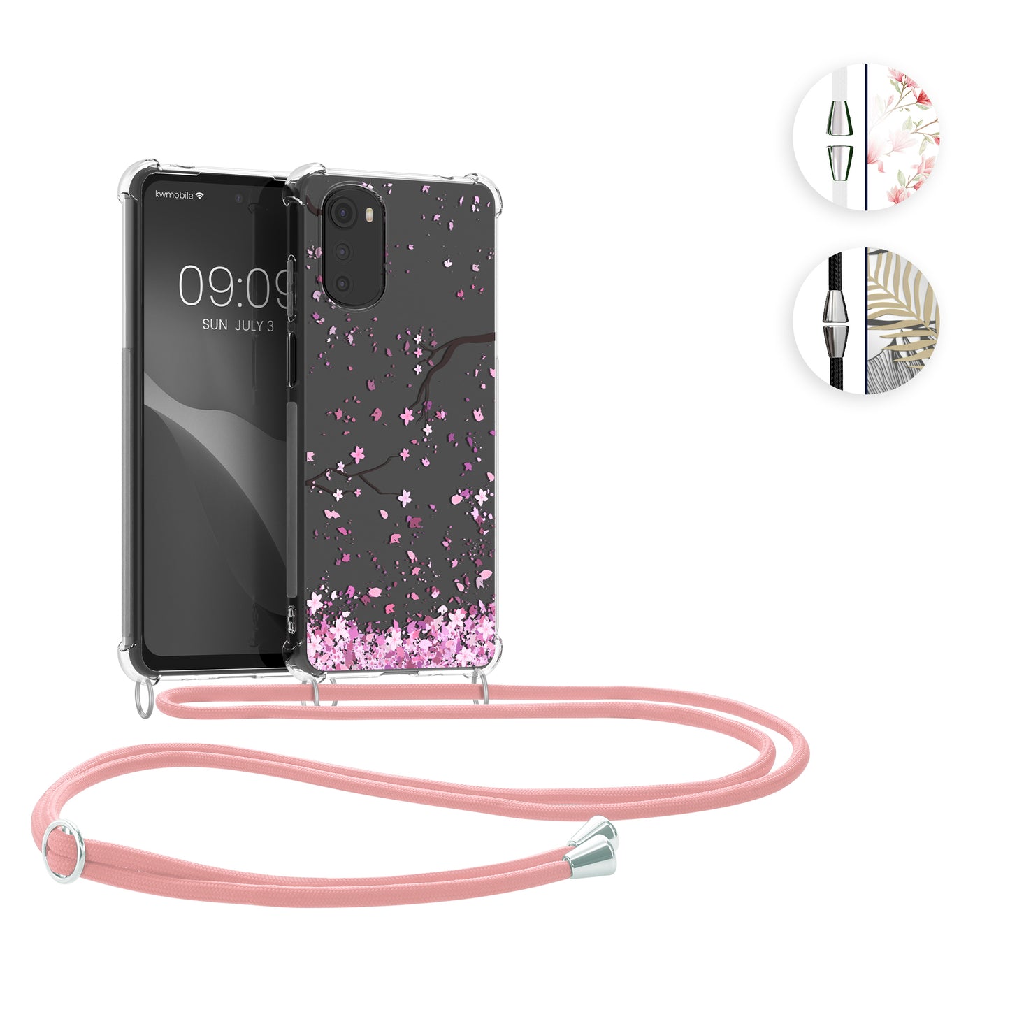 kwmobile Necklace Case kompatibel mit Motorola Moto E32 / Moto E32s Hülle - Silikon Cover mit Handykette - Rosa Dunkelbraun Transparent Kirschblütenblätter Rosa  [dsg01]