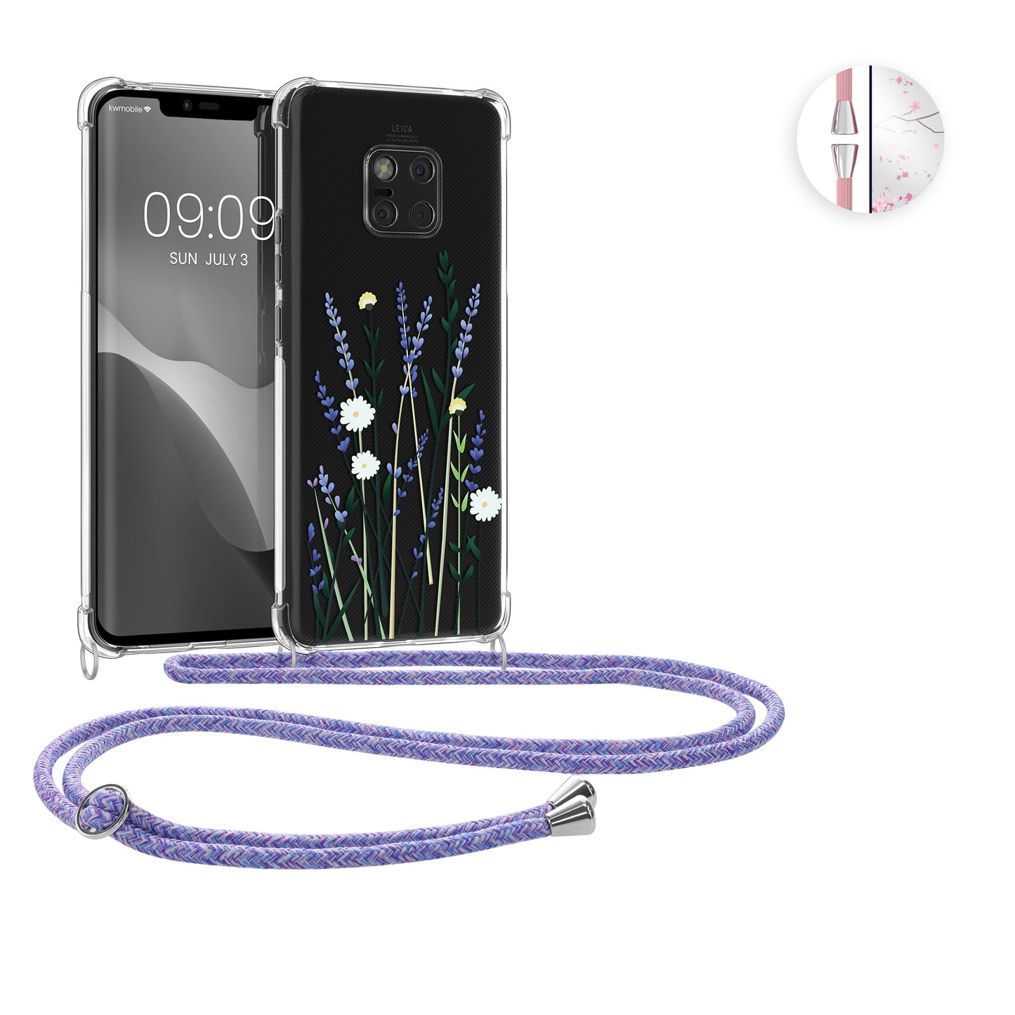 kwmobile Necklace Case kompatibel mit Huawei Mate 20 Pro Hülle - Silikon Cover mit Handykette - Rosa Dunkelbraun Transparent Kirschblütenblätter Rosa  [dsg01]