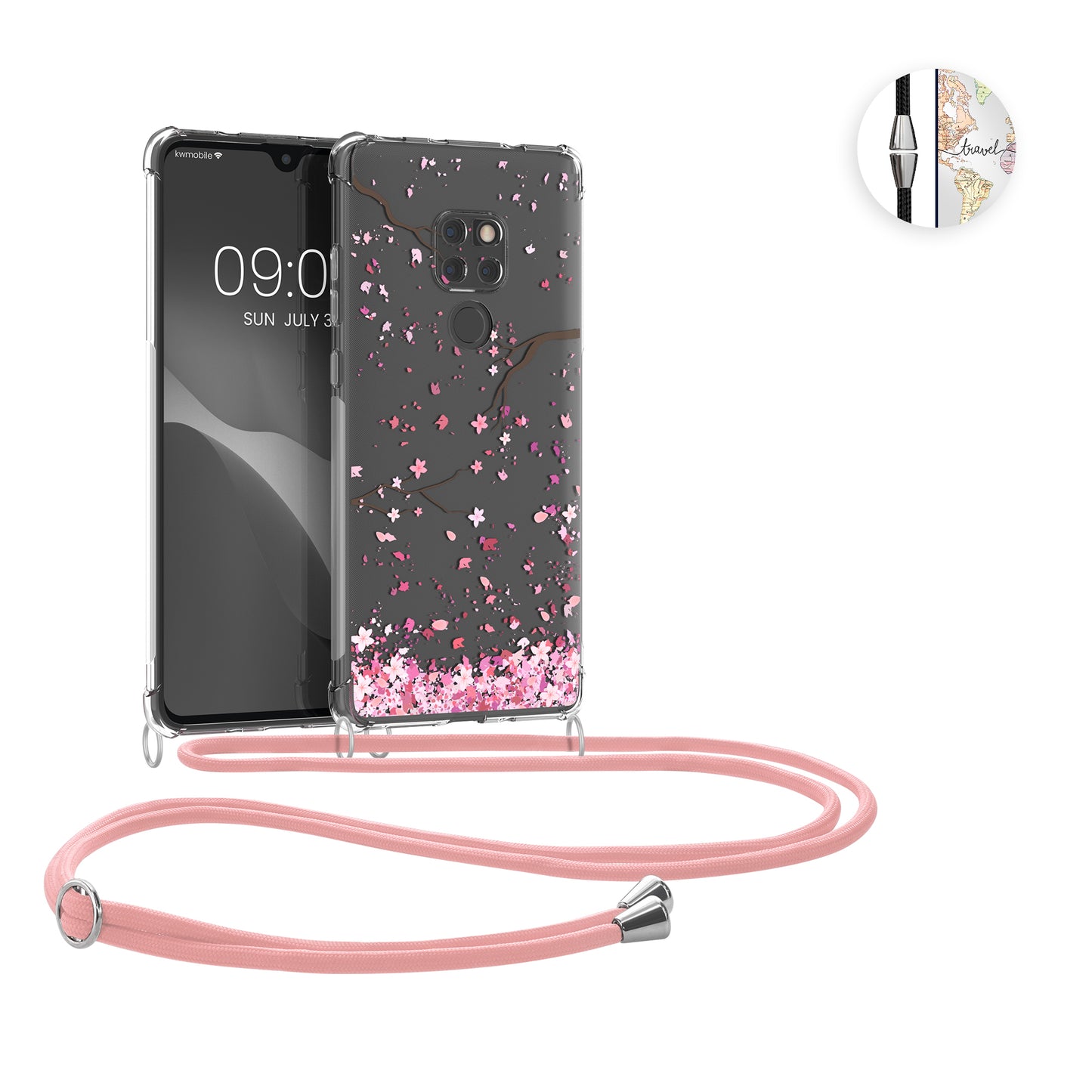 kwmobile Necklace Case kompatibel mit Huawei Mate 20 Hülle - Silikon Cover mit Handykette - Rosa Dunkelbraun Transparent Kirschblütenblätter Rosa  [dsg01]