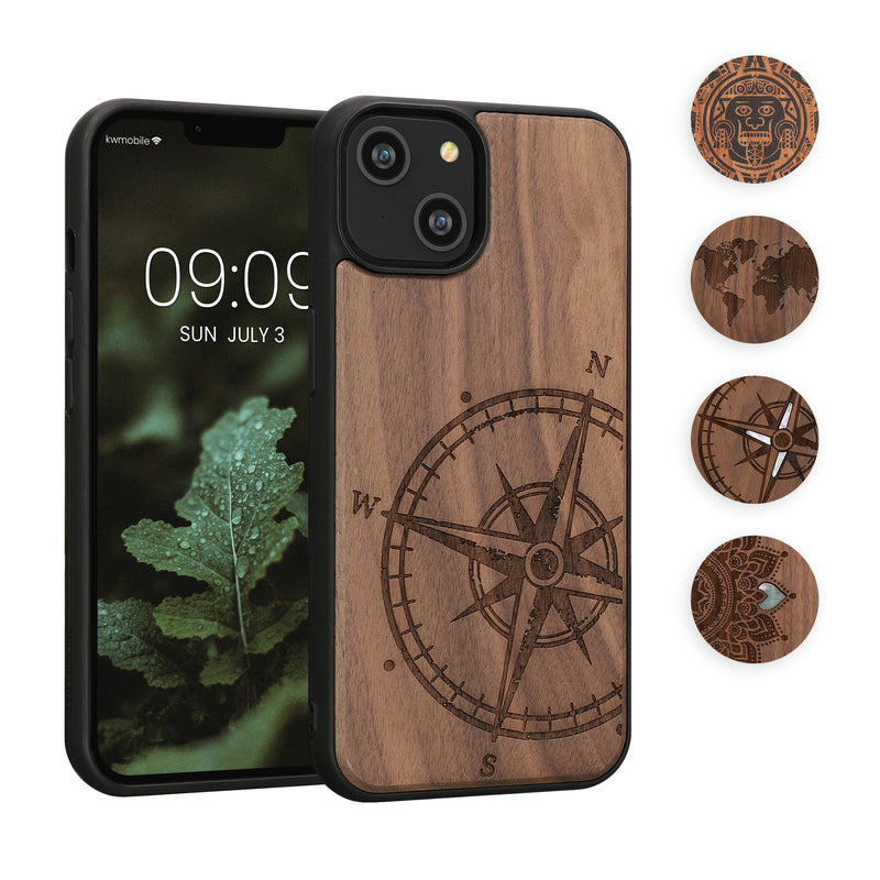 kwmobile Hülle kompatibel mit Apple iPhone 14 Hülle - Holz Case - Handy Cover - TPU Handyhülle in Dunkelbraun Aufgehende Sonne Perlmutt Dunkelbraun  [dsg06]