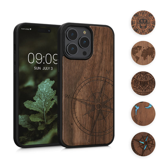 kwmobile Hülle kompatibel mit Apple iPhone 14 Pro Max Hülle - Holz Case - Handy Cover - TPU Handyhülle in Dunkelbraun Kompass Vintage Dunkelbraun  [dsg01]