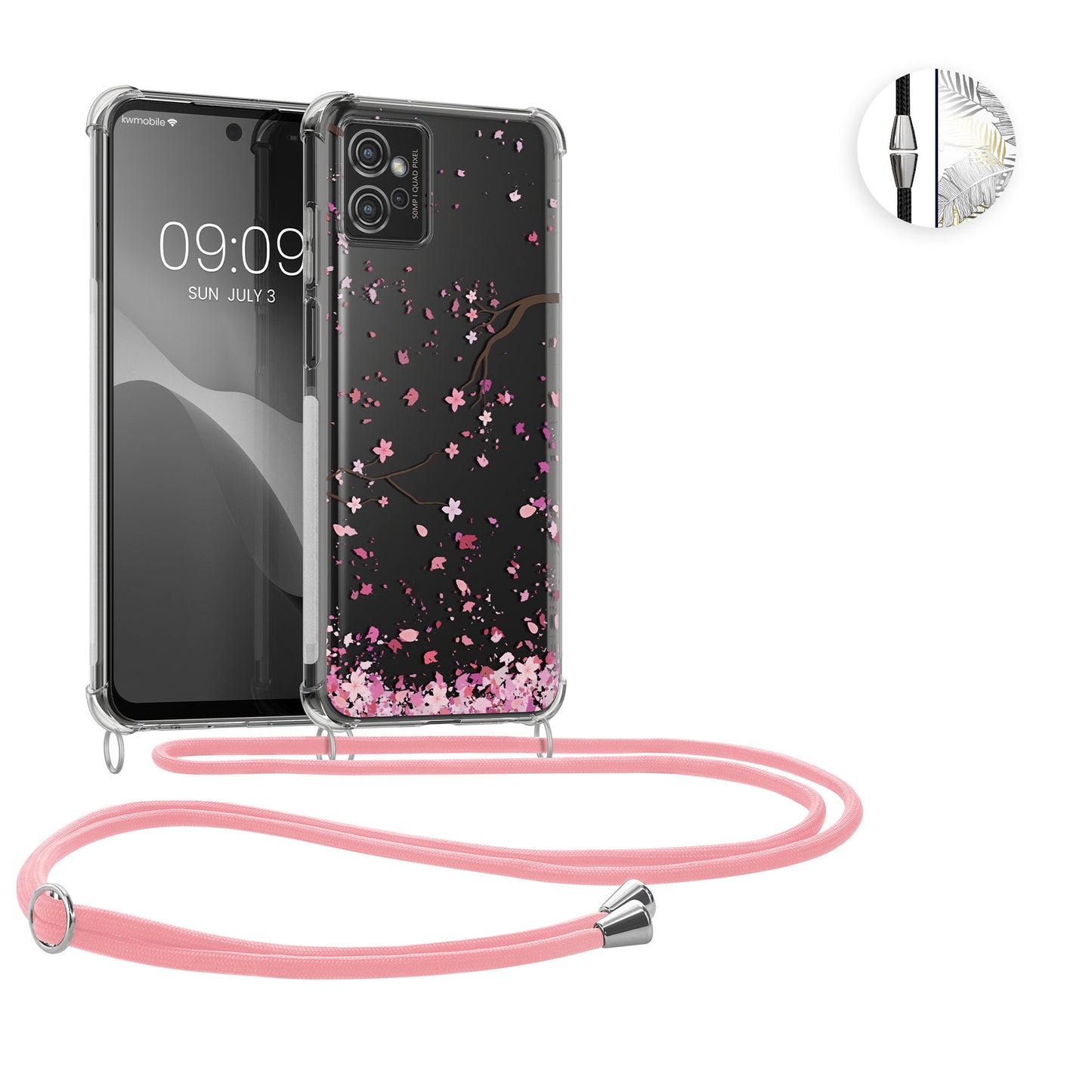 kwmobile Necklace Case kompatibel mit Motorola Moto G32 Hülle - Silikon Cover mit Handykette - Gold Grau Transparent Dschungel Gold  [dsg02]