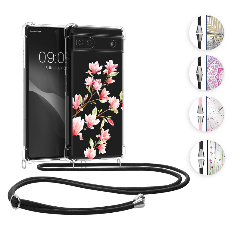 kwmobile Necklace Case kompatibel mit Google Pixel 6a Hülle - Silikon Cover mit Handykette - Rosa Grün Transparent Zarte Wildblumen Rosa  [dsg06]