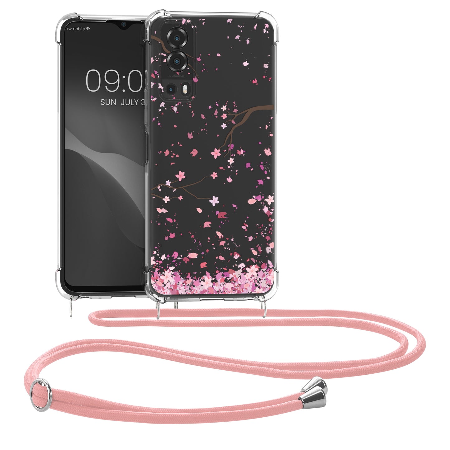 kwmobile Necklace Case kompatibel mit Vivo Y72 5G / Y52 5G Hülle Silikon Cover mit Handykette Transparent Kirschblütenblätter