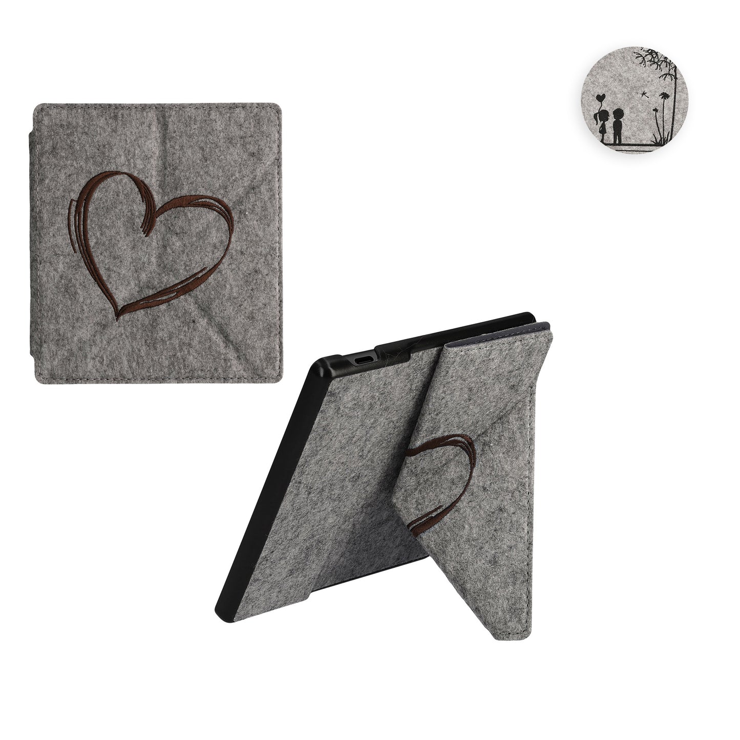 kwmobile Filz Hülle kompatibel mit Amazon Kindle Oasis 10. Generation - Cover eReader Case mit Standfunktion Magnetverschluss - Dunkelbraun Herz Brush Dunkelbraun  [dsg02]