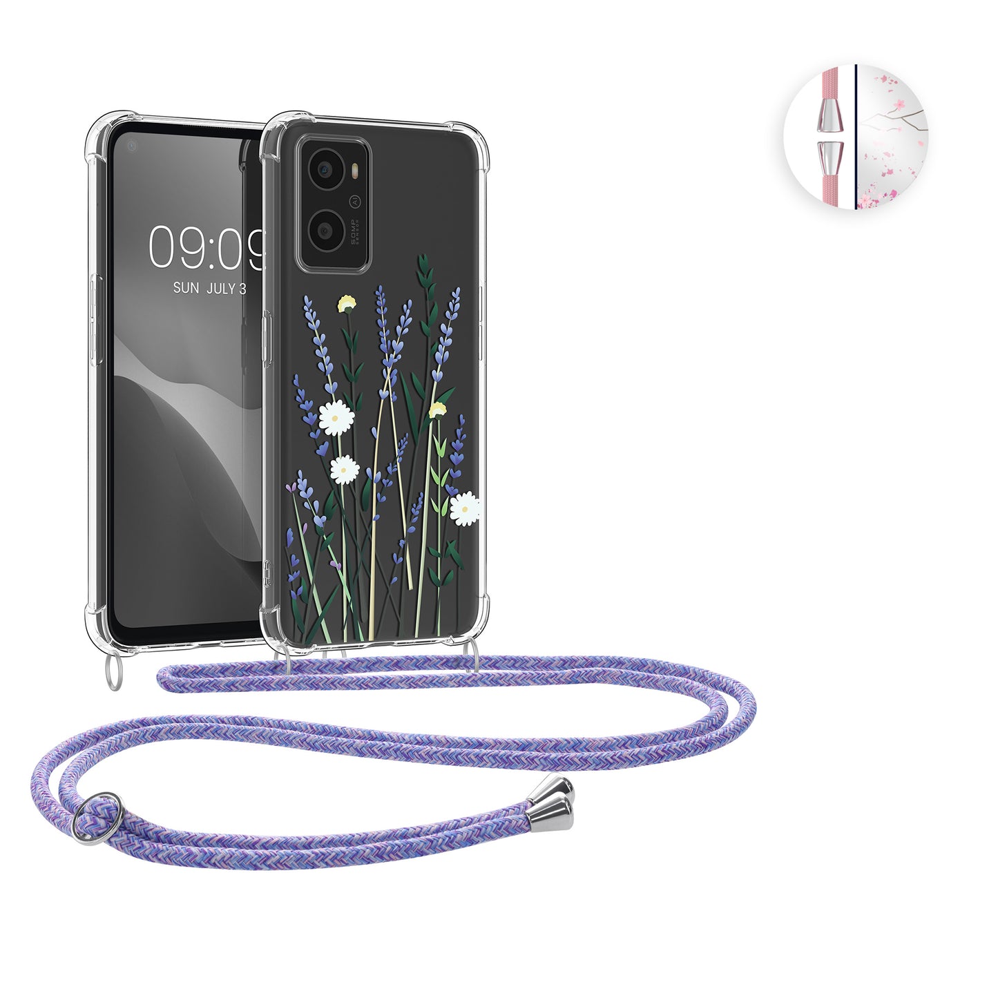 kwmobile Necklace Case kompatibel mit Oppo A76 / A96 Hülle - Silikon Cover mit Handykette - Rosa Dunkelbraun Transparent Kirschblütenblätter Rosa  [dsg01]