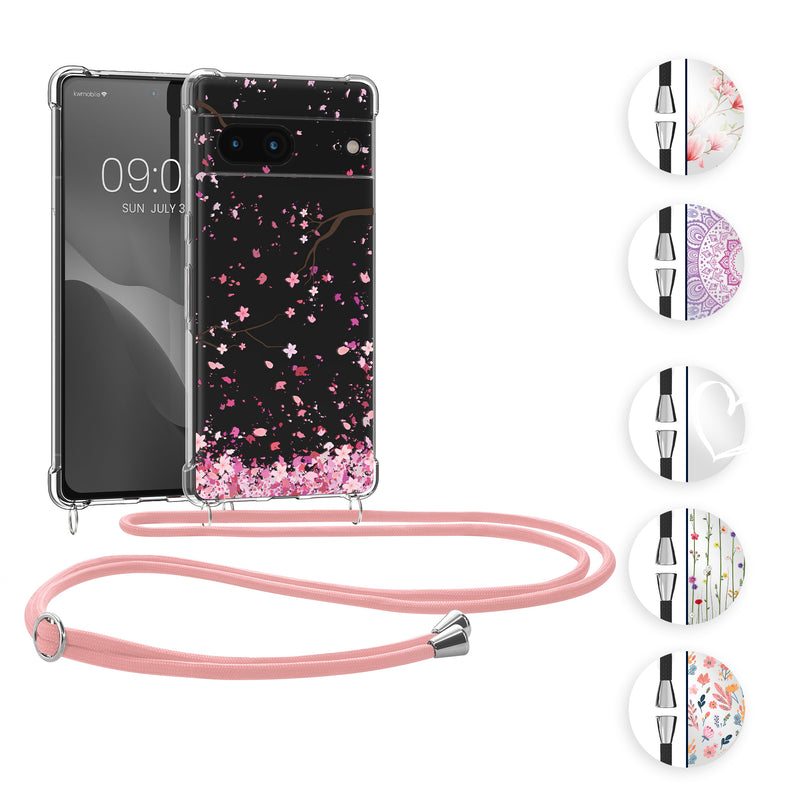 kwmobile Necklace Case kompatibel mit Google Pixel 7 Hülle - Silikon Cover mit Handykette - Rosa Gelb Transparent Blumenschmuck Rosa  [dsg07]