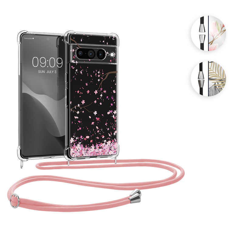 kwmobile Necklace Case kompatibel mit Google Pixel 7 Pro Hülle - Silikon Cover mit Handykette - Gold Grau Transparent Dschungel Gold  [dsg03]