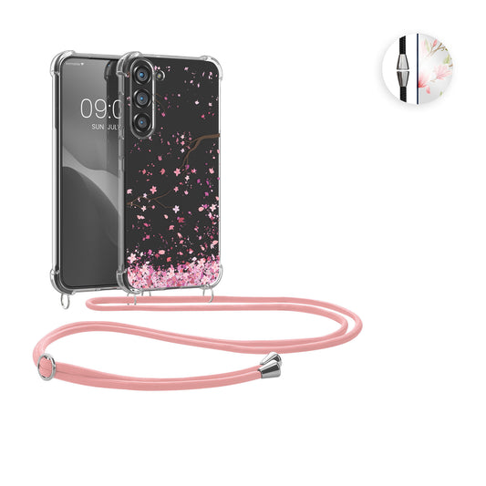 kwmobile Necklace Case kompatibel mit Samsung Galaxy S23 Plus Hülle - Silikon Cover mit Handykette - Rosa Dunkelbraun Transparent Kirschblütenblätter Rosa  [dsg02]