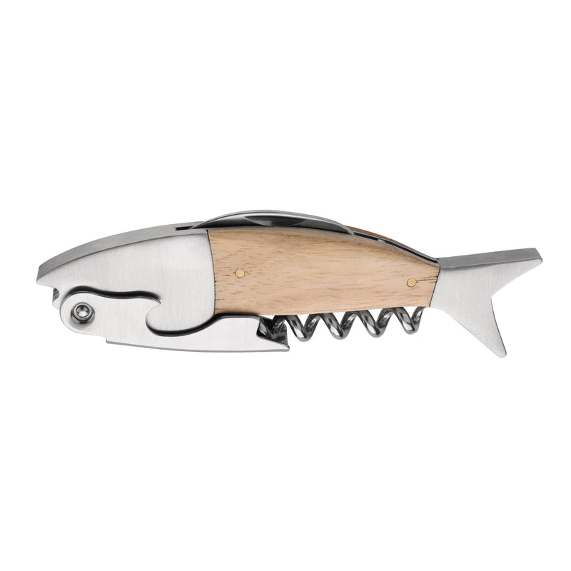 kwmobile Weinöffner im Fisch Design - Holz & Edelstahl Kellnermesser - Flaschenöffner mit Korkenzieher - Sommeliermesser in Fischform