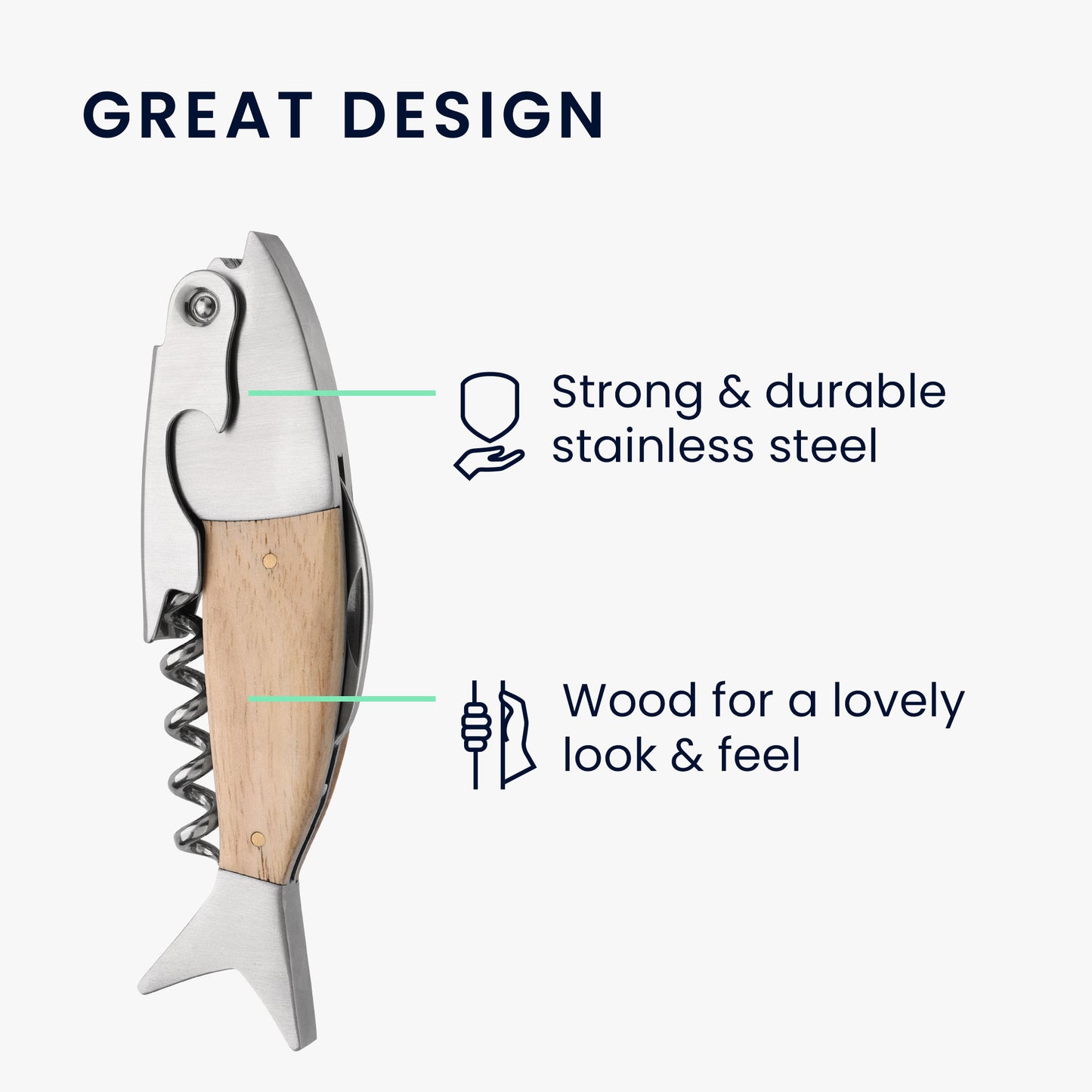 kwmobile Weinöffner im Fisch Design - Holz & Edelstahl Kellnermesser - Flaschenöffner mit Korkenzieher - Sommeliermesser in Fischform
