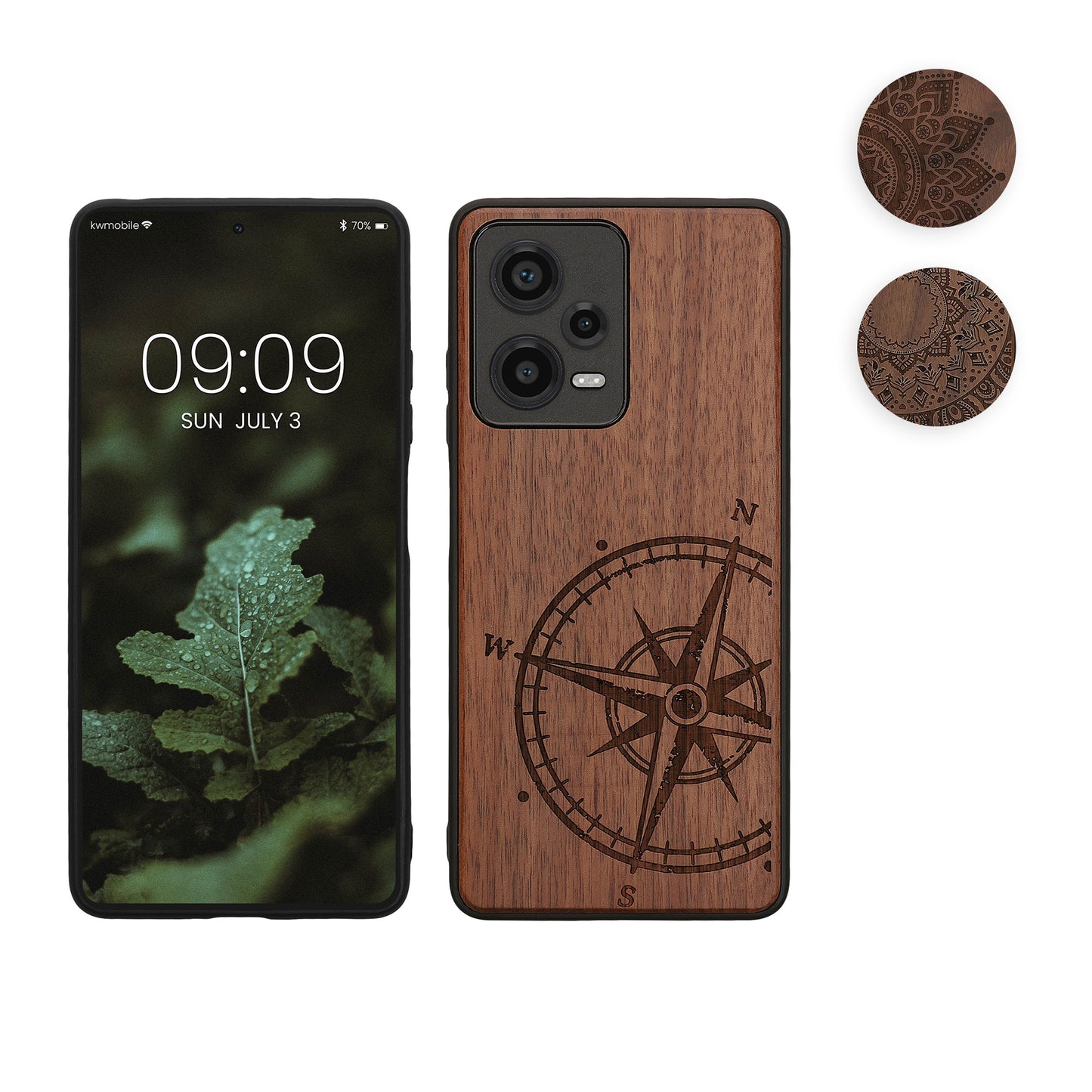kwmobile Hülle kompatibel mit Xiaomi Redmi Note 12 Pro 5G Hülle - Holz Case - Handy Cover - TPU Handyhülle in Dunkelbraun Vintage Kompass mit Perlmutt Dunkelbraun  [dsg04]
