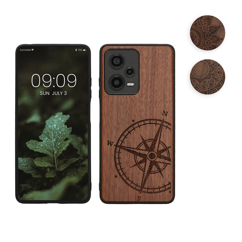 kwmobile Hülle kompatibel mit Xiaomi Redmi Note 12 Pro 5G Hülle - Holz Case - Handy Cover - TPU Handyhülle in Dunkelbraun Vintage Kompass mit Perlmutt Dunkelbraun  [dsg04]