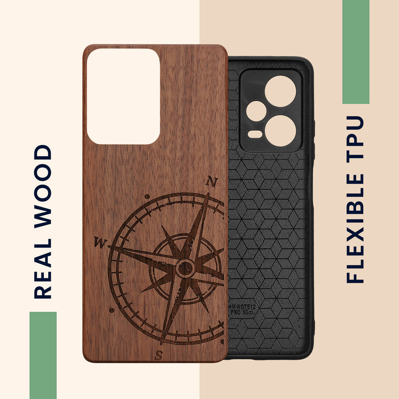 Holz Hardcase mit TPU Bumper für Xiaomi Redmi Note 12 Pro 5G Vintage Kompass mit Perlmutt