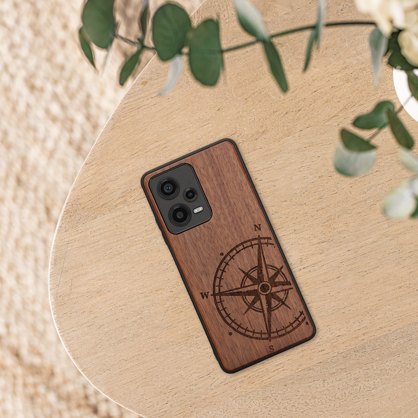 Holz Hardcase mit TPU Bumper für Xiaomi Redmi Note 12 Pro 5G Vintage Kompass mit Perlmutt